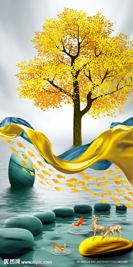 石来运转飘带山水发财树玄关