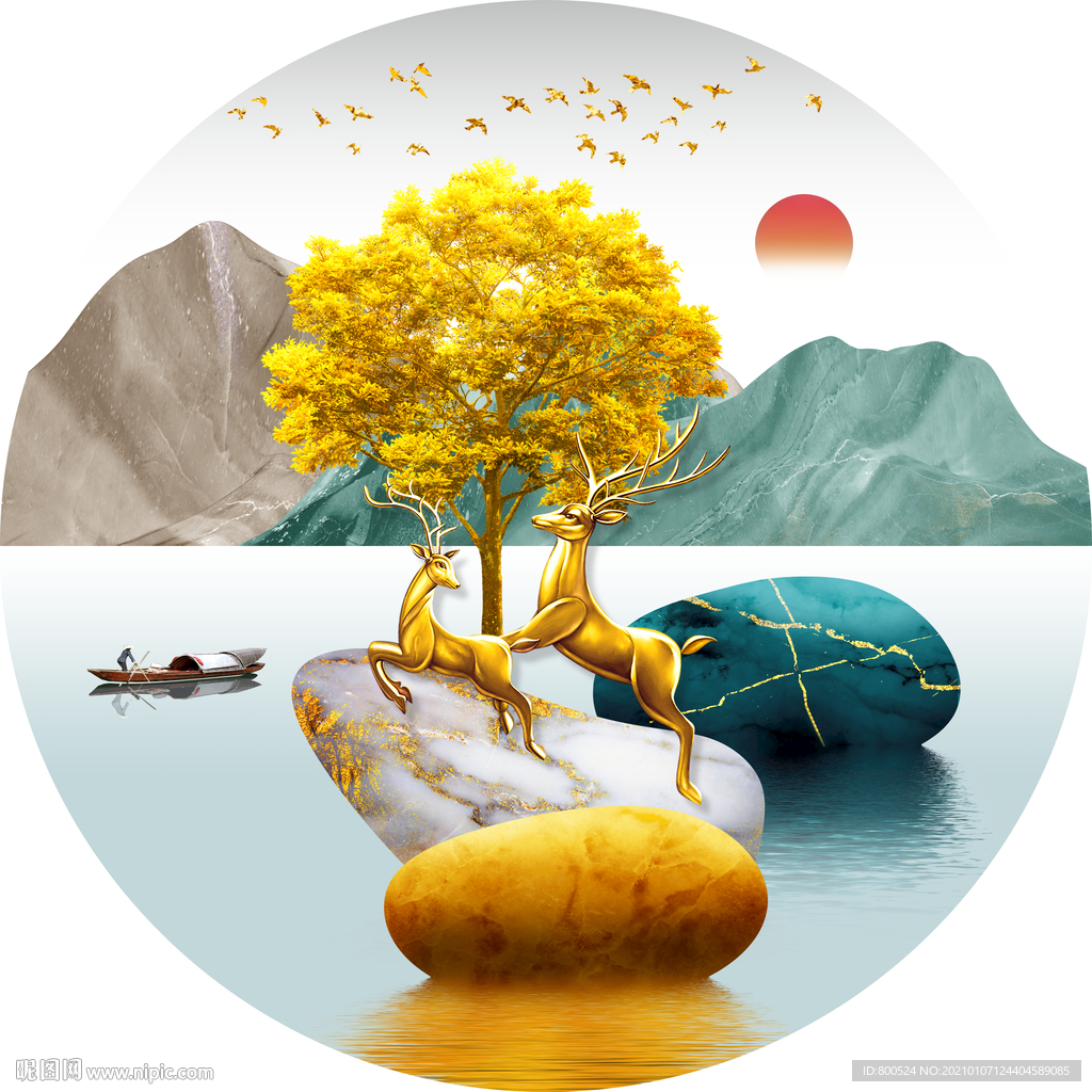 圆形石来运转山水装饰画