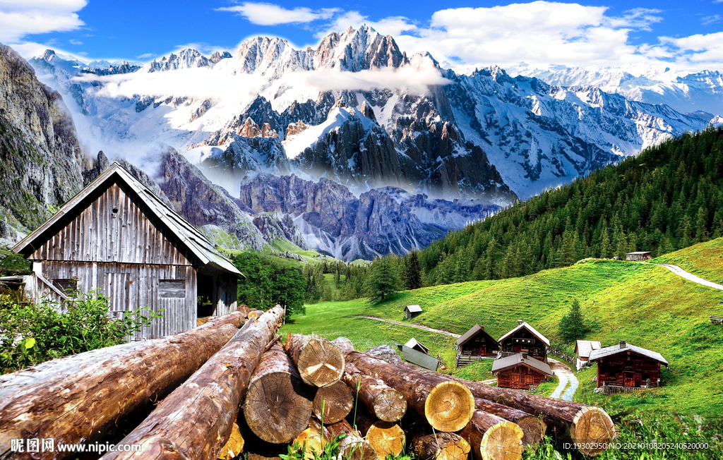 雪山下的小木屋