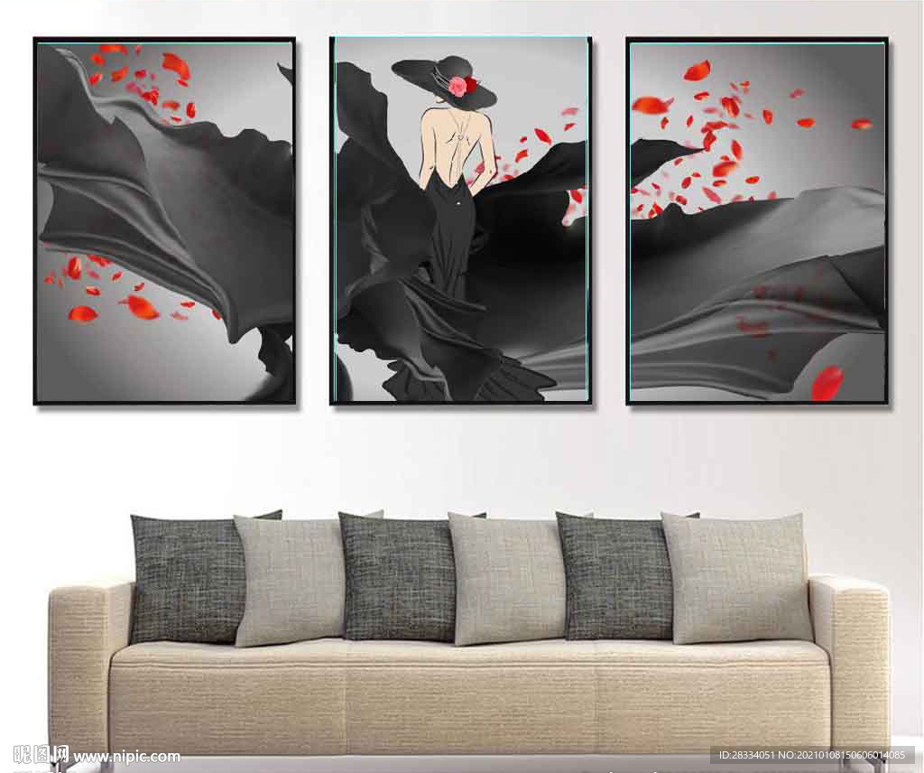 北欧黑衣长裙美女装饰无框画