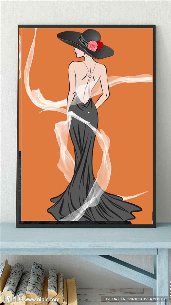现代爱马仕晚礼服美女玄关装饰画