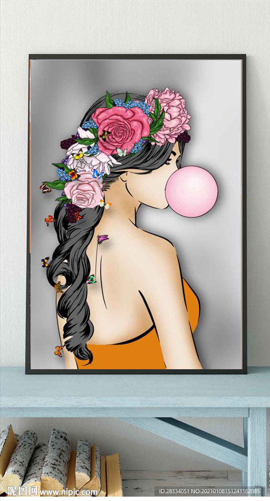 现代轻奢爱马仕鲜花美女装饰画