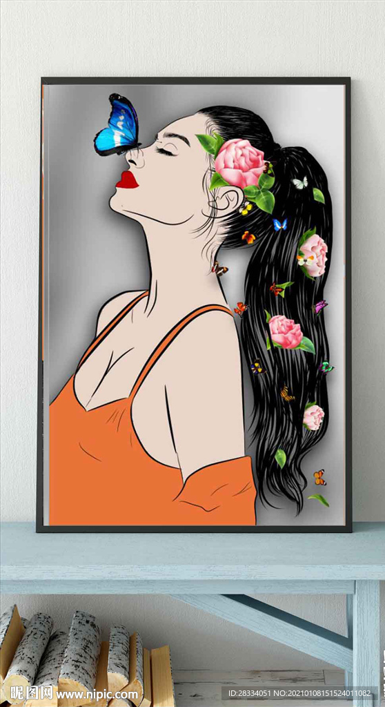 现代轻奢玫瑰蝴蝶美女少女装饰画