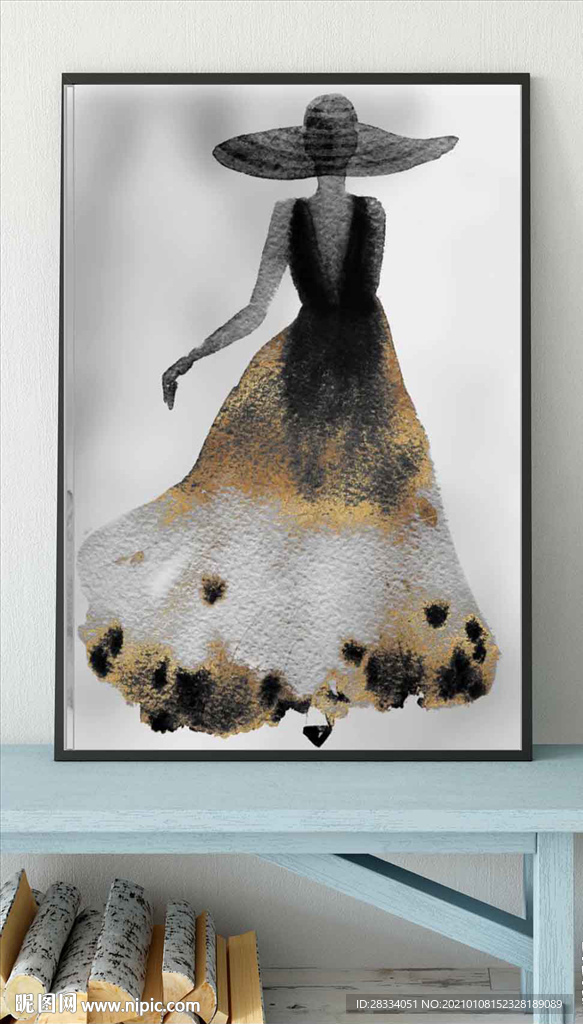 北欧金色水墨长裙美女玄关装饰画