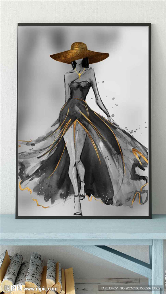 北欧金色水墨长裙美女玄关装饰画