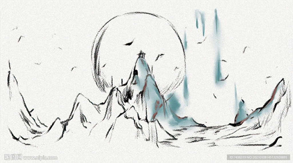 手绘画 日出 水墨 山水 背景