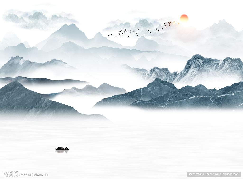 新款爆款蓝色意境山水背景墙