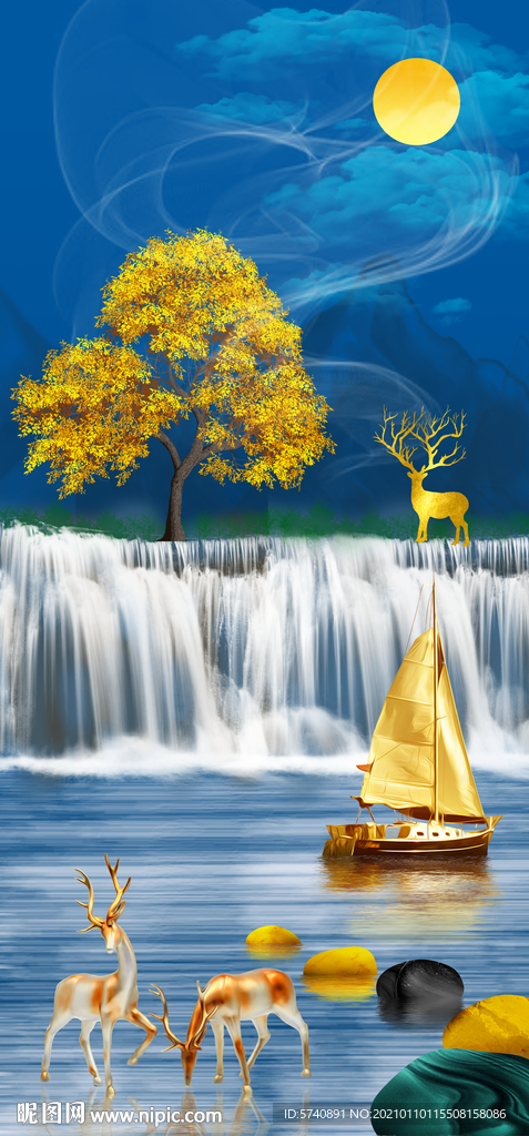 流水生财玄关装饰画