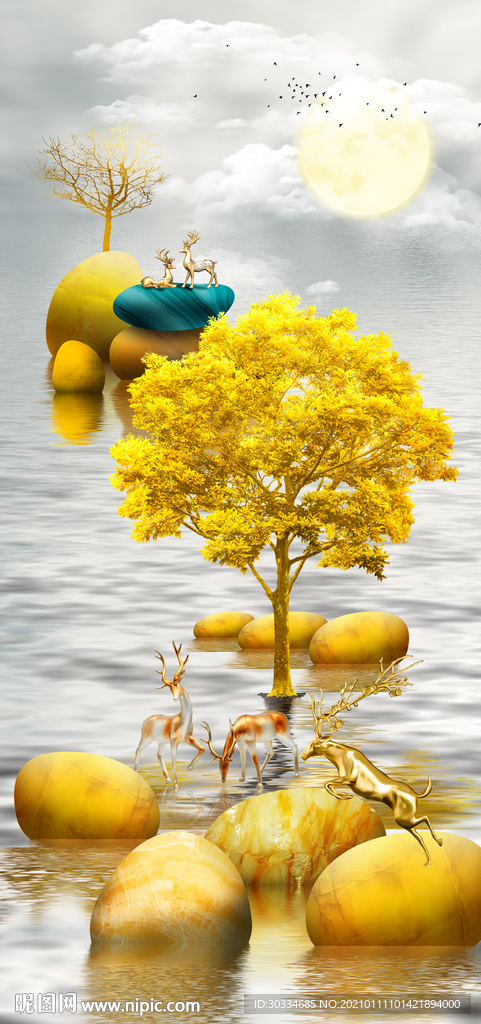 轻奢麋鹿山水装饰画