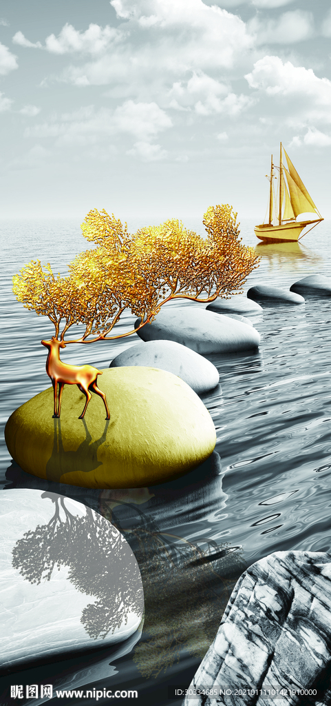 新中式玄关麋鹿装饰画