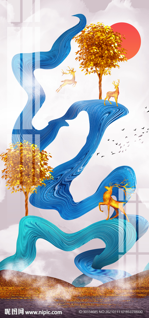 新中式玄关麋鹿装饰画