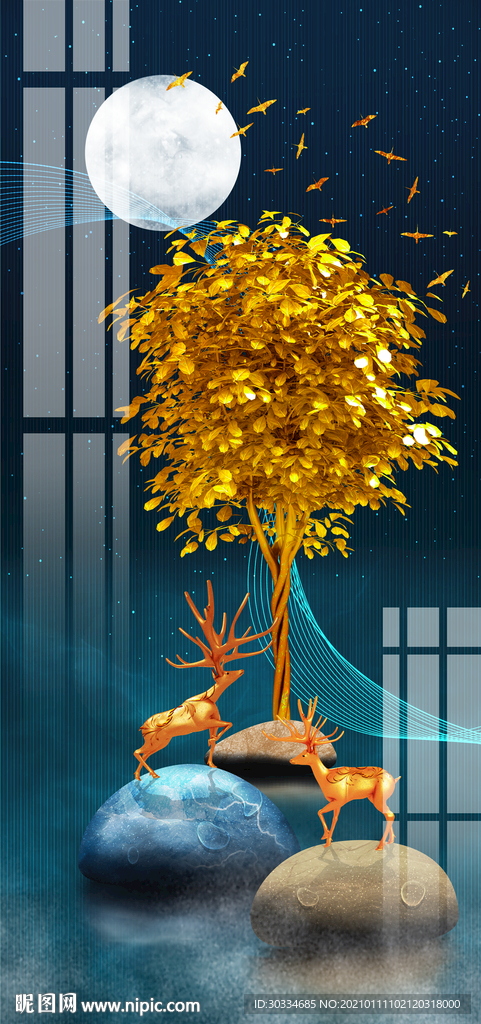 新中式麋鹿玄关装饰画