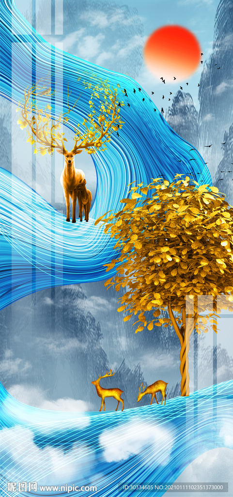 轻奢麋鹿玄关装饰画