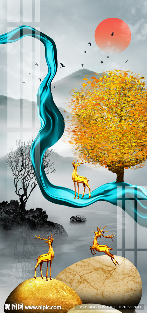 轻奢玄关麋鹿装饰画