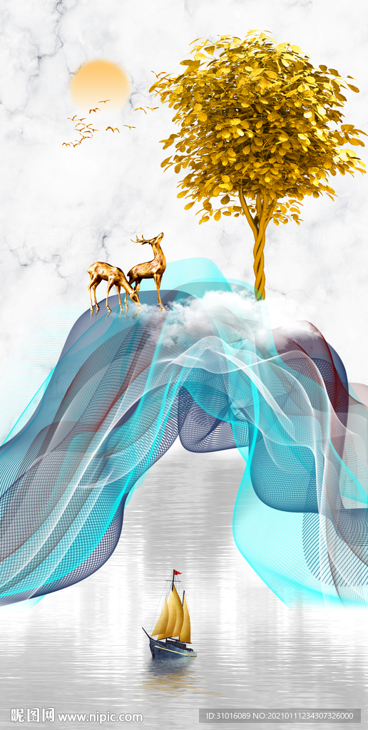 新中式轻奢麋鹿玄关装饰画