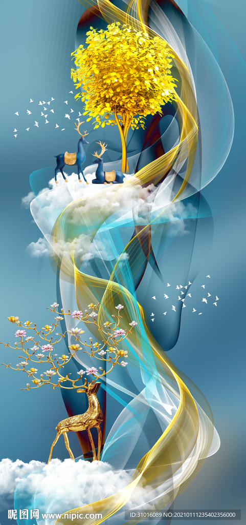 新中式轻奢麋鹿玄关装饰画