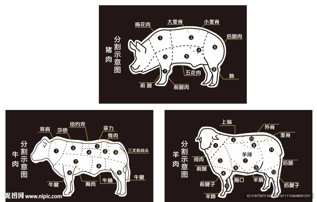 猪肉/羊肉/牛肉部位分割图