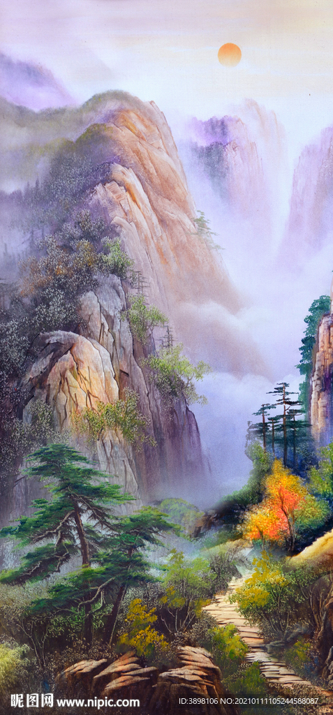手绘油画山水玄关装饰画