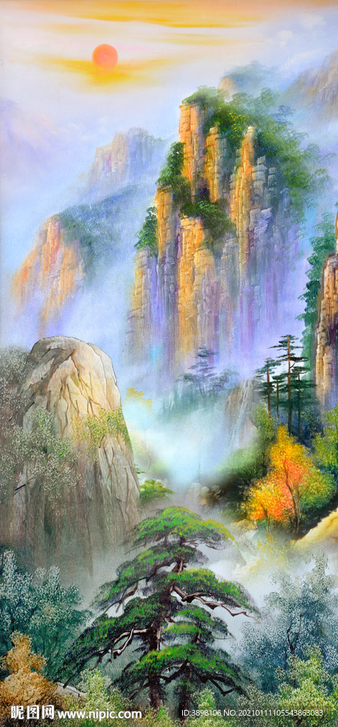 手绘大型山水瀑布玄关