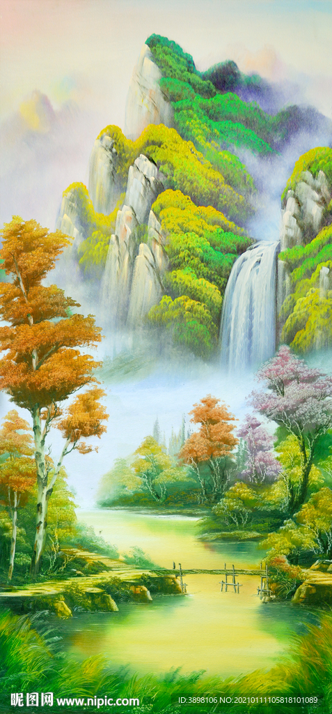 手绘绿色山水瀑布玄关装饰画