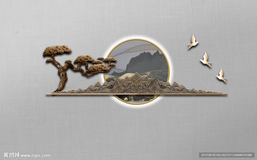 新中式抽象圆形飞鸟玄关装饰画背