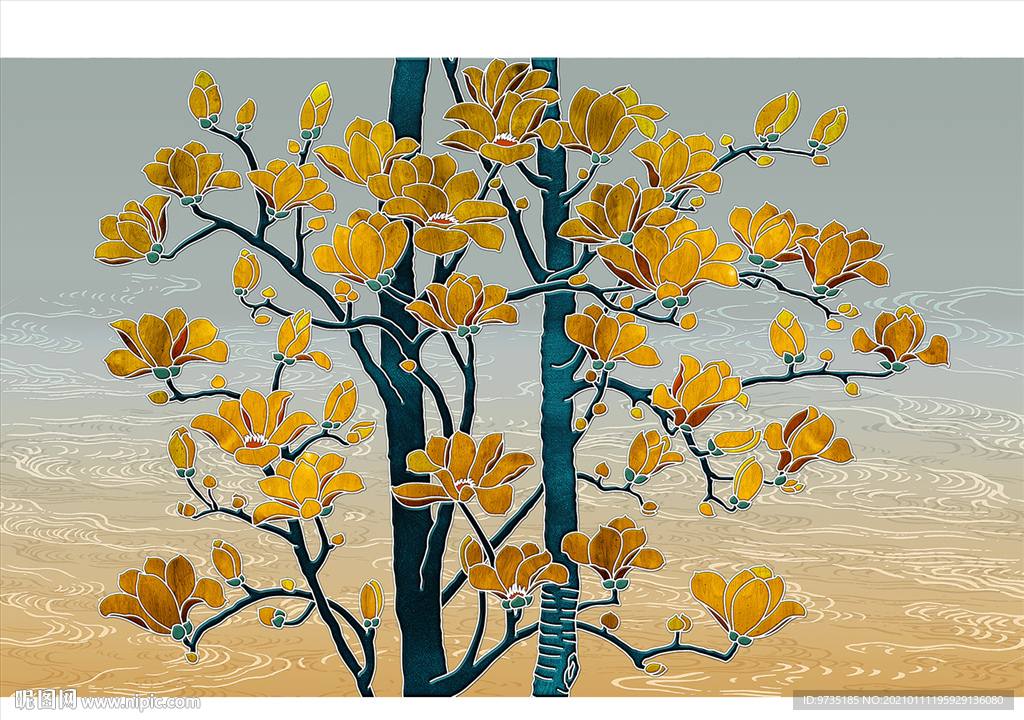 现代轻奢线描黄金玉兰花壁画背景