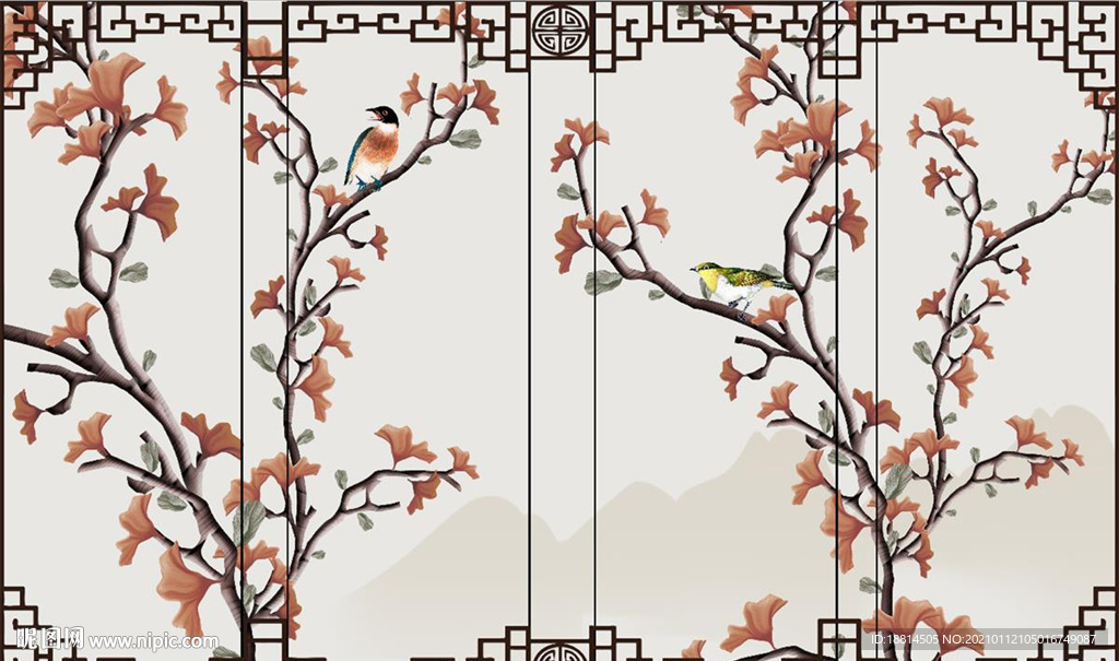 中式梅花山水背景墙