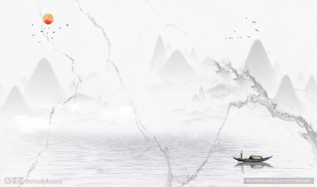 旭日东升水墨山水电视背景墙