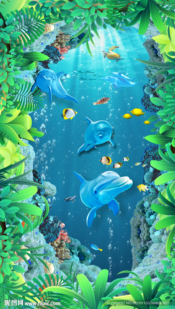 海底世界海豚海龟天顶吊顶壁画