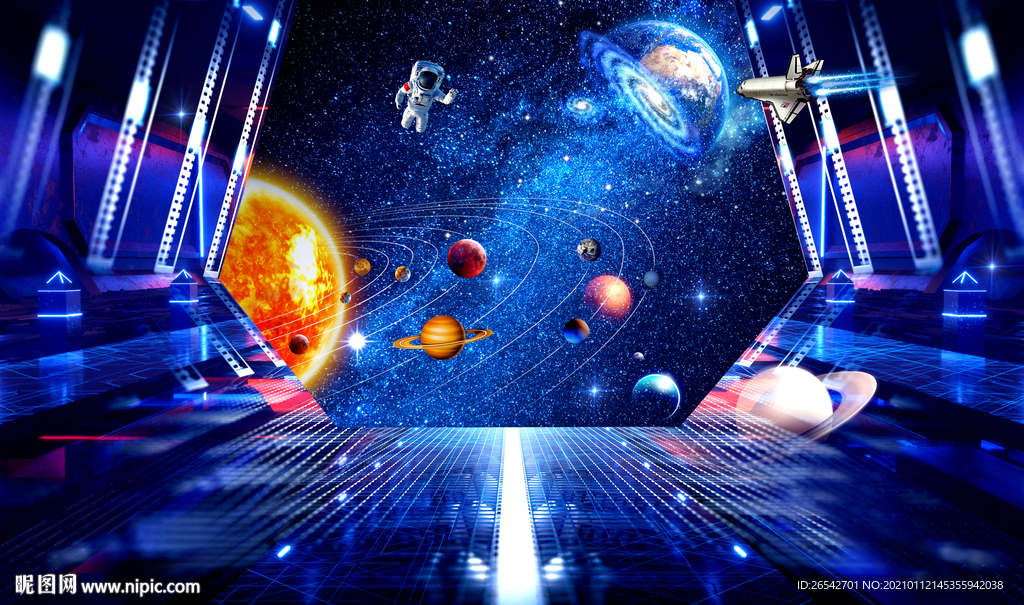 3D立体宇宙太空舱外星球背景墙