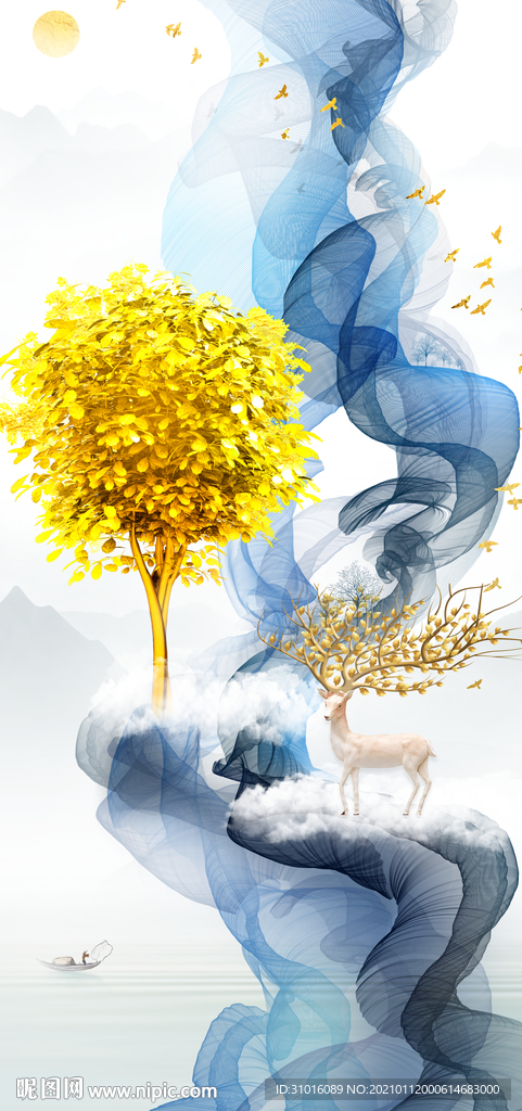 新中式轻奢麋鹿玄关装饰画