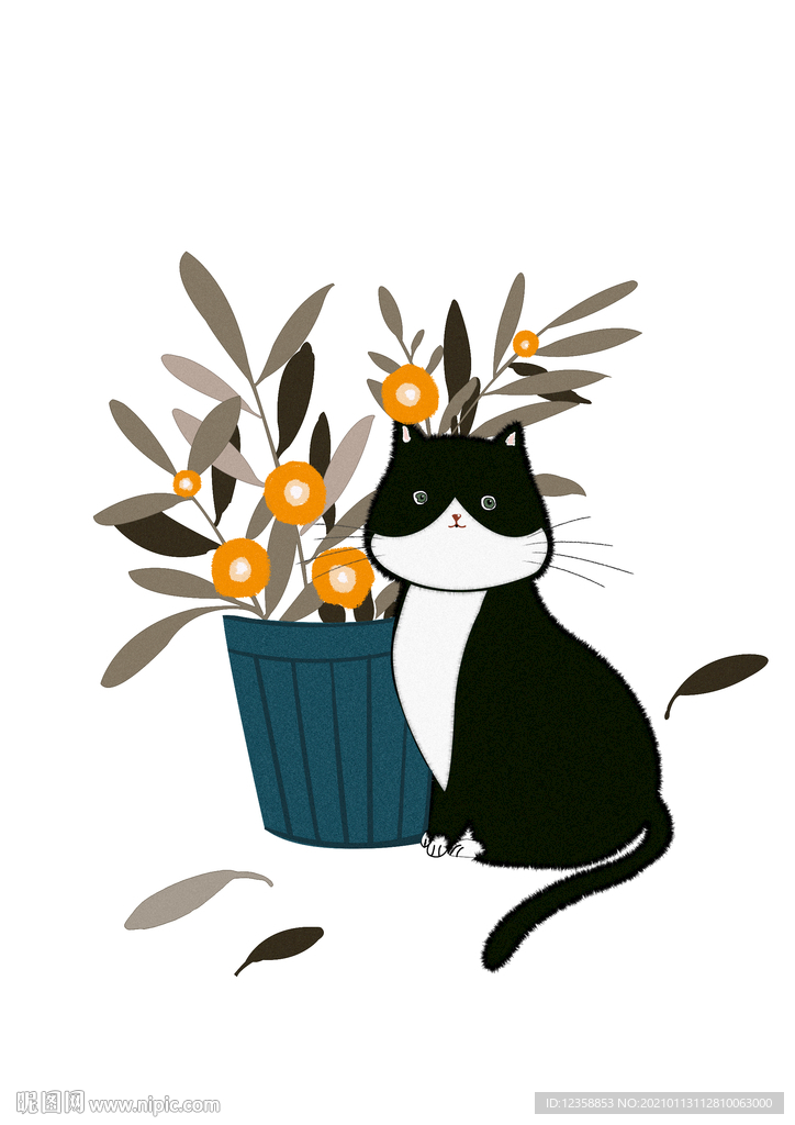 猫咪 手绘 黑猫 花 猫咪与花