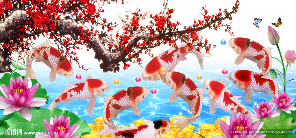 鸿运当头梅花九鱼图中式装饰画