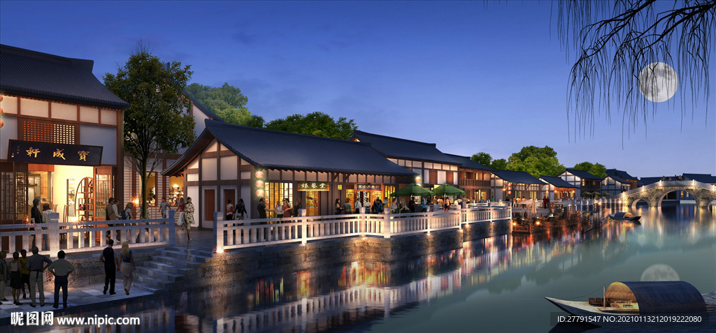 亲水古建街道景观设计效果图
