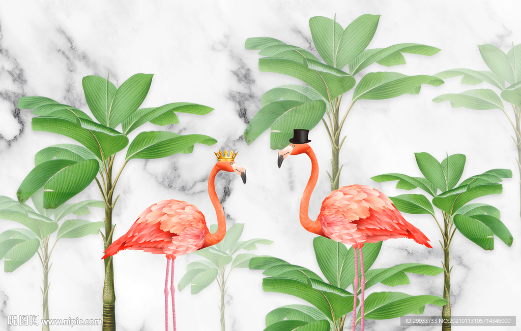 简约小清新植物火烈鸟背景墙