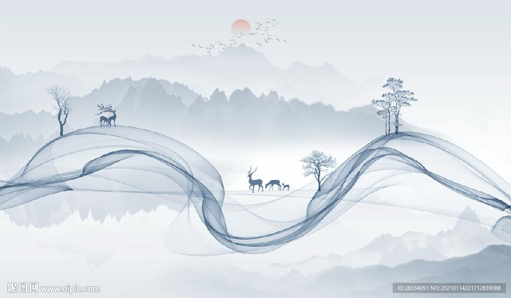 新中式抽象水墨山水风景背景墙