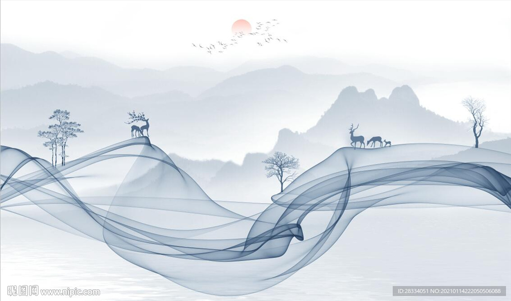 新中式抽象水墨山水风景背景墙