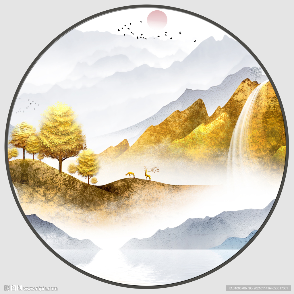 金色山水圆形挂画