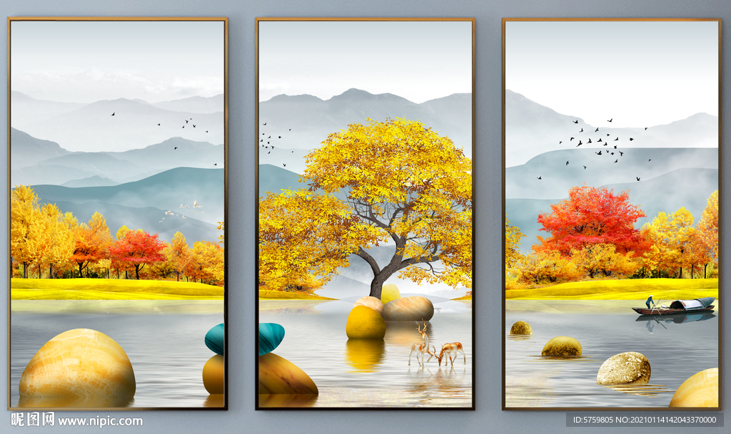 北欧金色麋鹿山水风景画