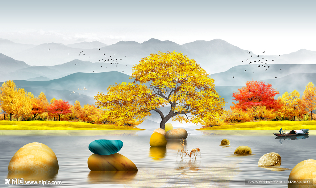 麋鹿轻奢装饰画 风景画