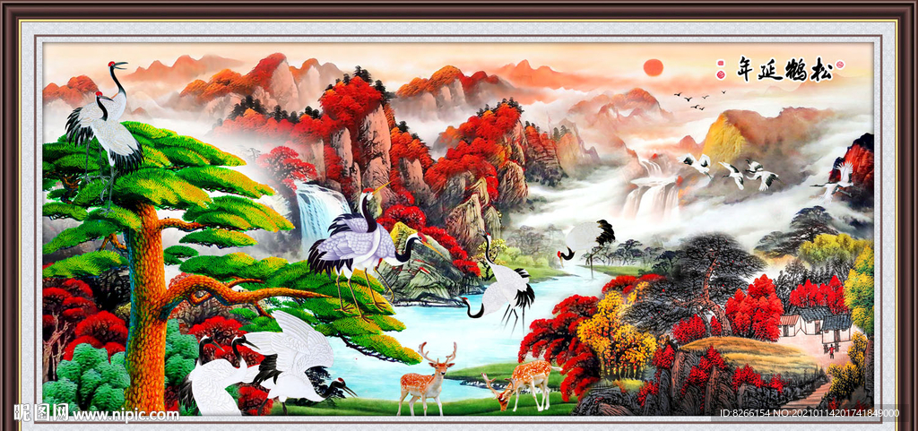 松鹤延年国画松鹤延年图背景墙画