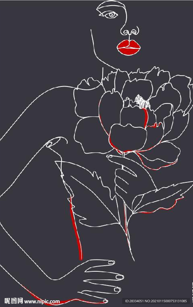 现代北欧抽象美女鲜花玄关背景墙