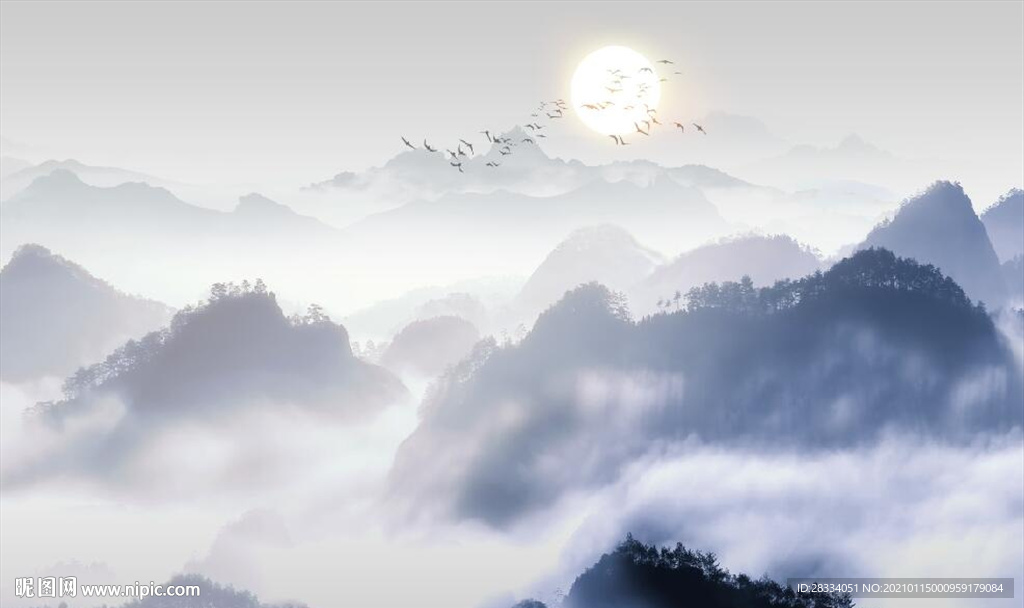 新中式蓝色水墨山水风景背景墙