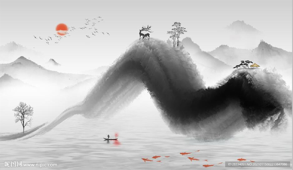 新中式抽象水墨山水风景背景墙