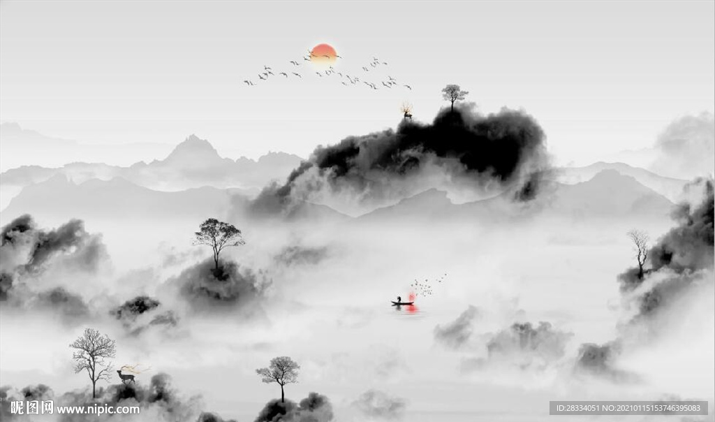 新中式抽象水墨山水风景背景墙