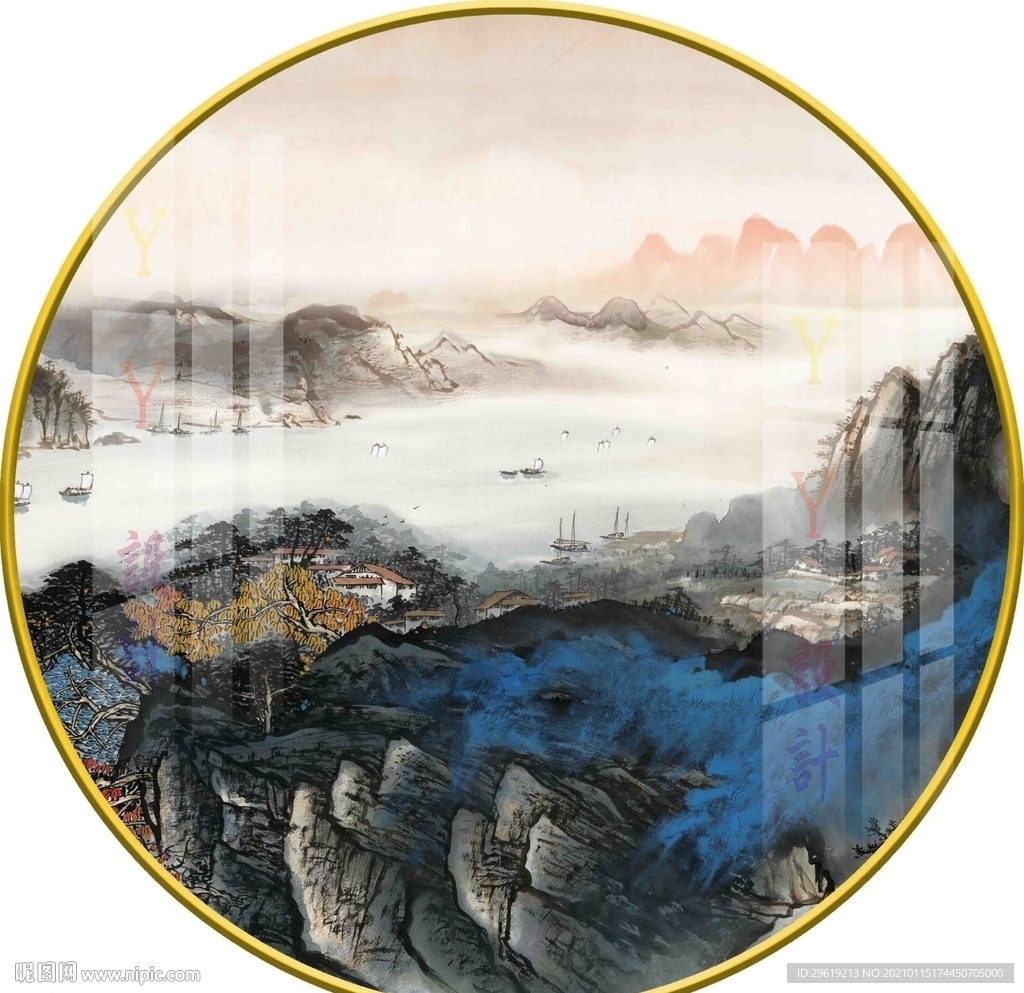 新中式意境山水圆形装饰画图片