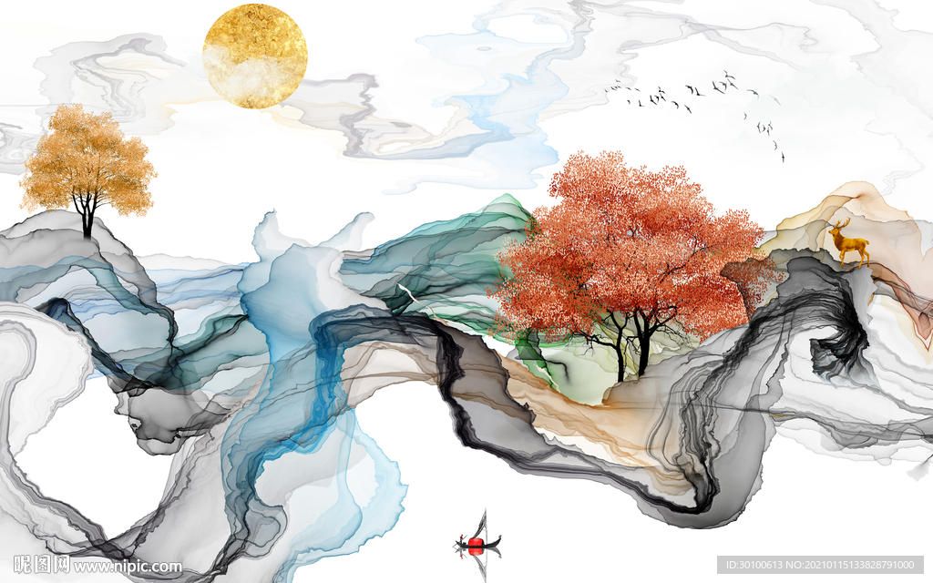 线条背景墙山水画 TIF分层