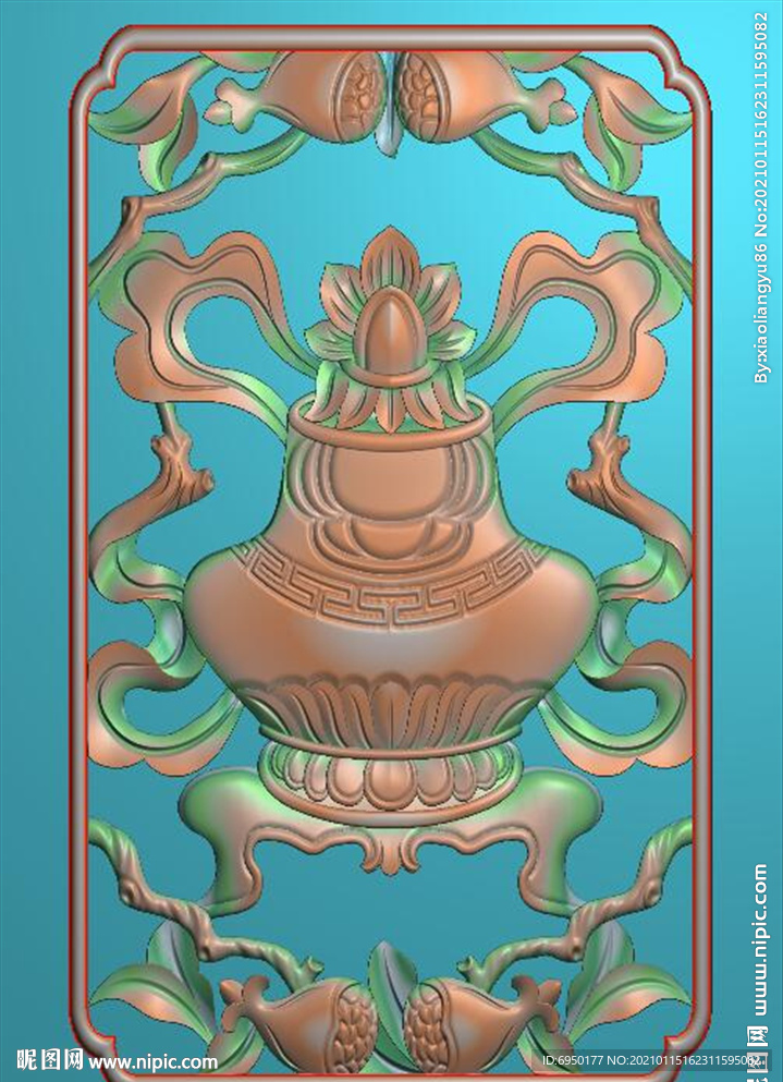 藏式八宝镂花瓶门板背板精雕图