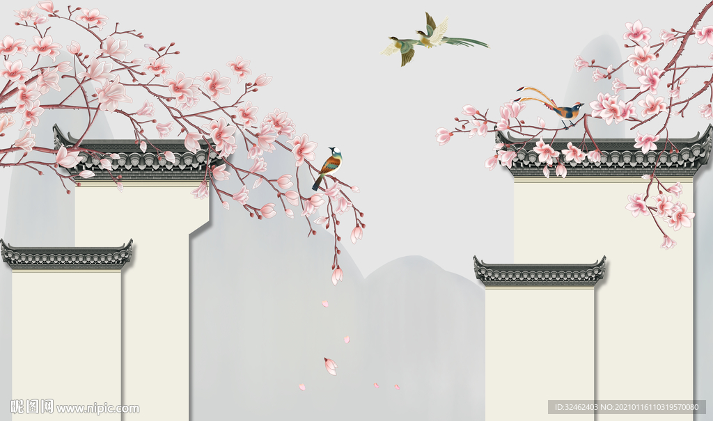 新中式玉兰花背景墙