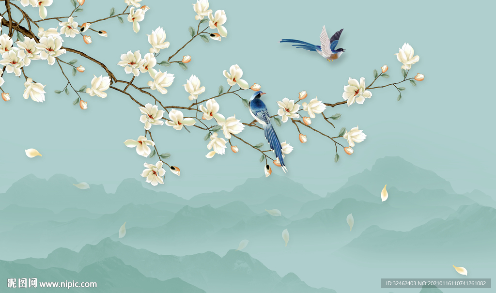 新中式玉兰花花鸟画背景墙